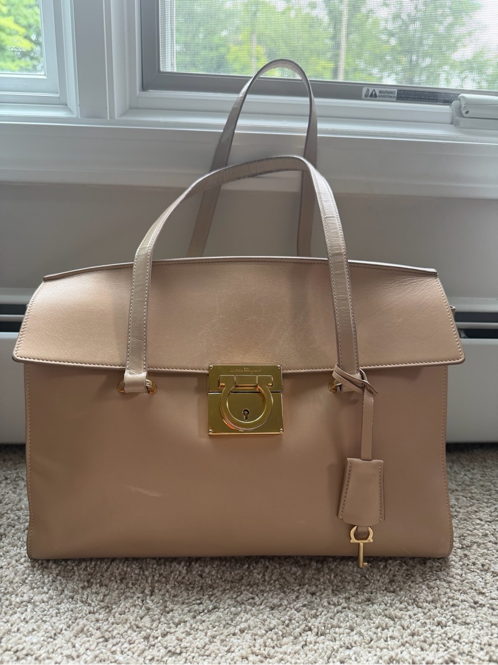 Salvatore Ferragamo Gancini Lock Tan Beige Leather Tote Bag